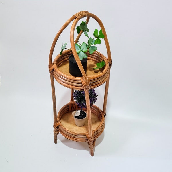Rattan plant stand,Two tier Bamboo flower Stand,Cane plant stand, Wicker plant stand, rattan planter, wooden plant stand