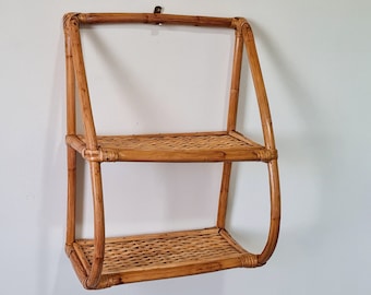 Étagère murale en rotin, étagère murale à deux niveaux, étagère murale Boho, étagère en canne, étagère en bois, étagère suspendue, jardinière murale en rotin, étagère à fleurs en rotin