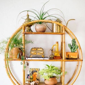 Round Rattan Wall Shelf, Round Hanging Plant Stand, Bamboo Plant Stand, Circular bamboo book shelf, Handmade Rattan shelf