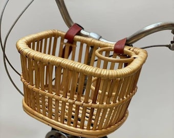 Handcrafted Rattan front bicycle basket, bike basket with cup holder, handmade bicycle basket