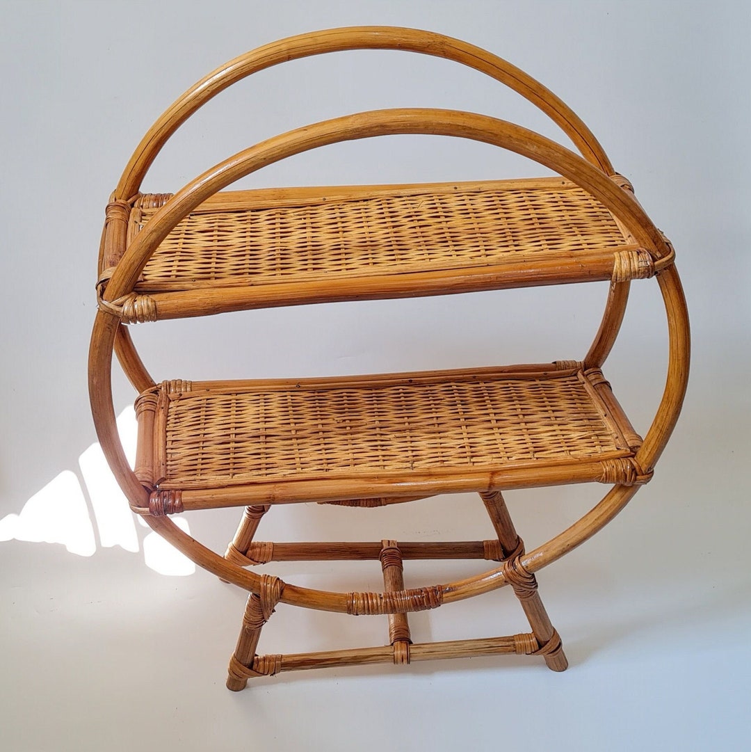Standing Round Rattan Shelf, 2 Tier Shelf, Corner Book Shelf, Cane