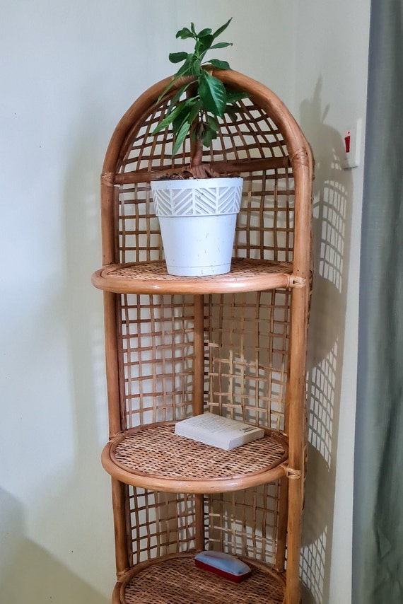 4 tier Round Edged Rattan Wicker Corner Shelf Boho Corner Book