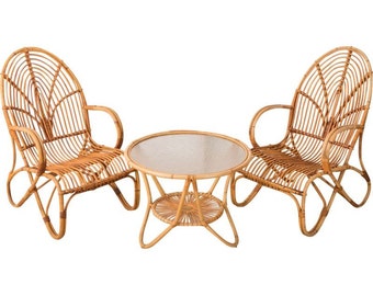 Rattan chair and Table, Chairs Dining Set, Bistro set Wicker, Lounge wicker chair, Lazy Chair, Bamboo dining set for two