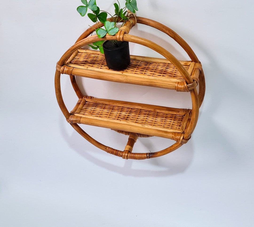 Two Tier Round Rattan Wall Shelf, Round Hanging Plant Stand, Bamboo