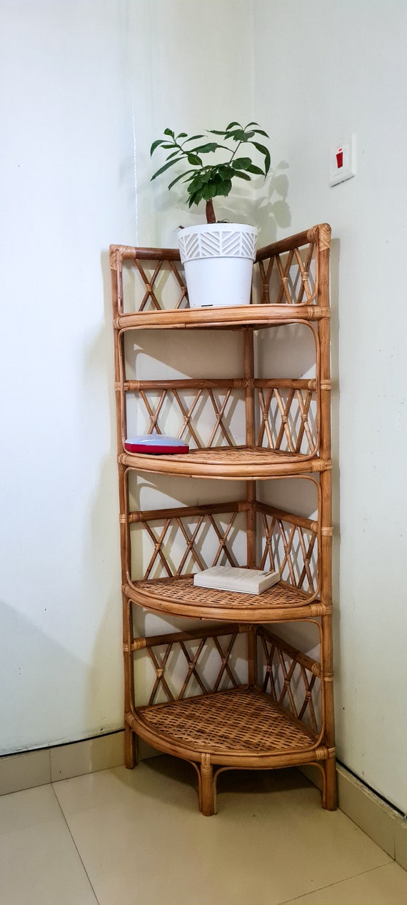 4 tier Rattan Wicker Corner Shelf Boho Corner Book Case Rattan