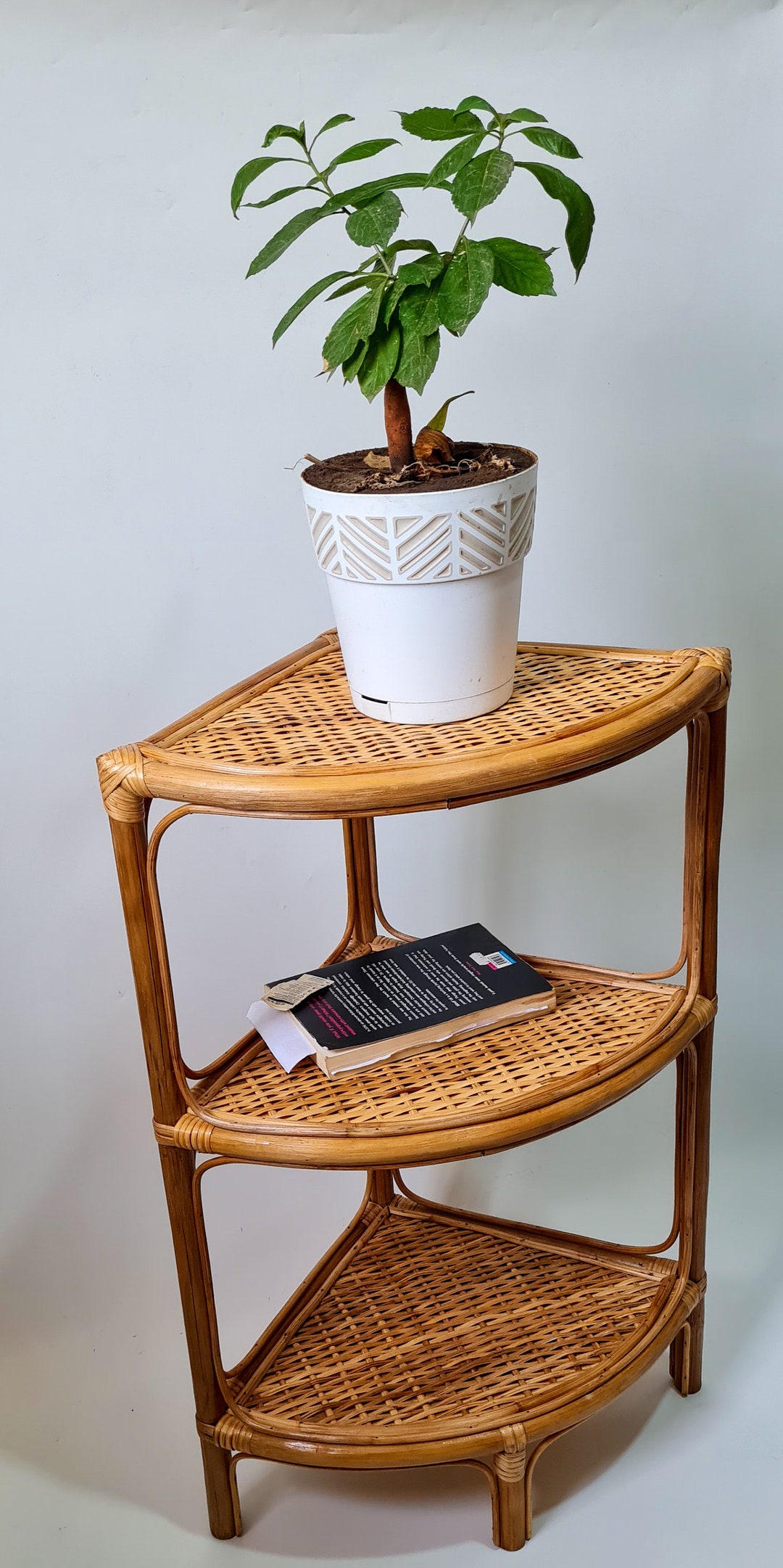 3tier Rattan Wicker Corner Shelf, Boho Corner Book Case, Rattan Cane