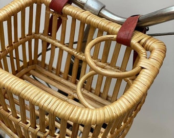 Handcrafted Rattan front bicycle basket, bike basket with cup holder, handmade bicycle basket