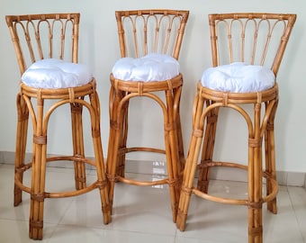 Rattan bamboo Stool with back rest, Vintage Cane Stool Bamboo, Bar Stool, Bar Chair, Counter Stool