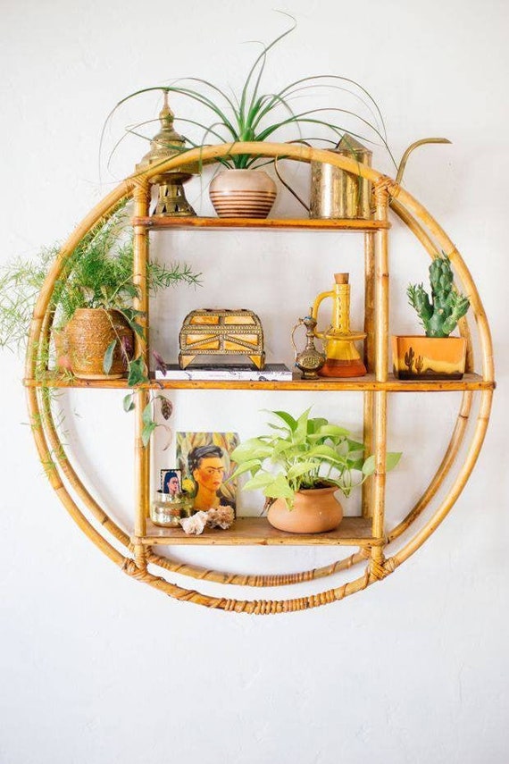 Round Rattan Wall Shelf, Round Hanging Plant Stand, Bamboo Plant Stand,  Circular Bamboo Book Shelf, Handmade Rattan Shelf 