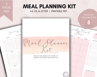 May include: A meal planning kit printable PDF featuring a cover page with the text Meal Planner Kit over a soft pink watercolor brush stroke. The kit includes a grocery list page and a weekly meal plan page with sections for breakfast, lunch, and dinner.