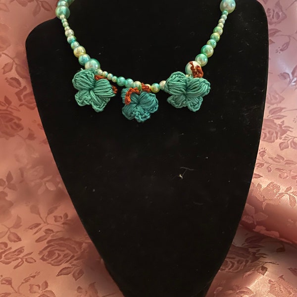 Teal crochet butterfly pearl beaded choker