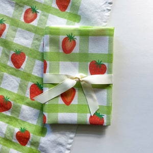 Strawberry Kitchen Dish Towel, gingham tea towel, Housewarming Gift