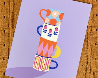 Coffee mug art print, Tea mugs physical wall