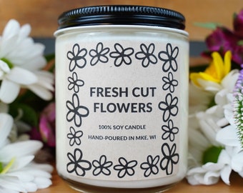 Fresh Cut Flowers Scented Soy Candle - With free box of matches and handwritten card, perfect for birthdays