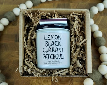 Lemon Black Currant Patchouli Soy Candle, 4oz, 8oz, 16oz, Gift Wrapped with Card