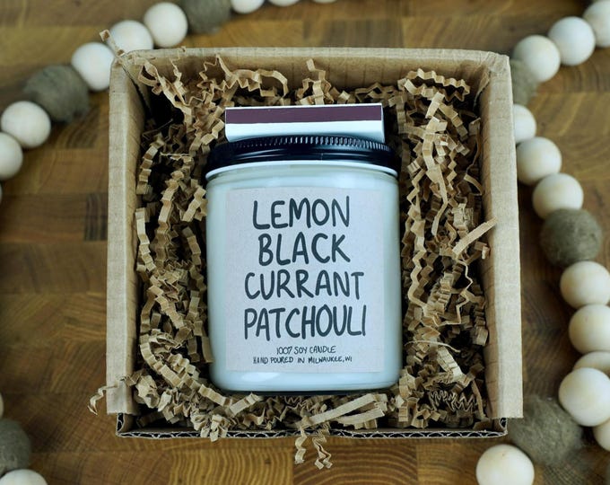 Lemon Black Currant Patchouli Soy Candle, 4oz, 8oz, 16oz, Gift Wrapped with Card