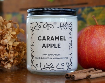 Caramel Apple Soy Candle, 4oz, 8oz, 16oz, Gift Wrapped with Card
