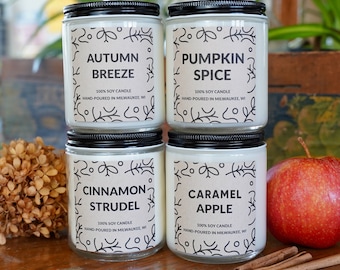 FOUR Autumn Candles Gift Box, Soy Candles, With free box of matches and handwritten card