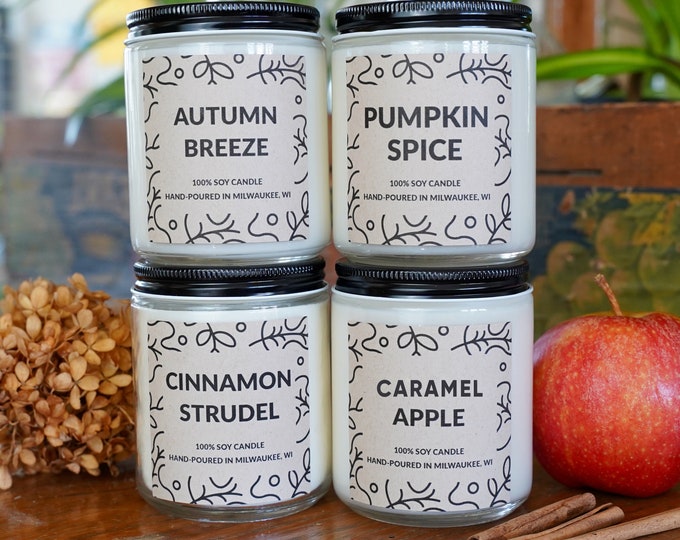 FOUR Autumn Candles Gift Box, Soy Candles, With free box of matches and handwritten card
