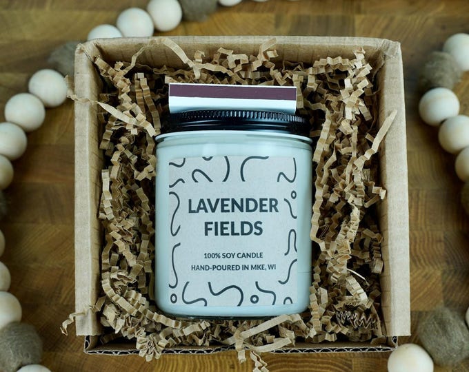 Lavender Fields Soy Candle, 4oz, 8oz, 16oz, Gift Wrapped with Card