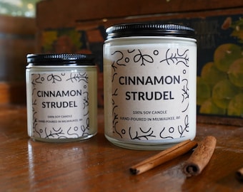 Cinnamon Strudel Soy Candle, 4oz, 8oz, 16oz, Gift Wrapped with Card