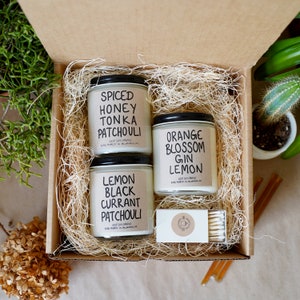 THREE Unique Candle Blends, Soy Candles Box With Free Handwritten Card