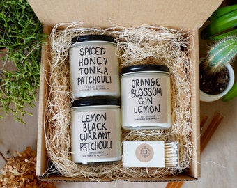 THREE Unique Candle Blends, Soy Candles Box With Free Handwritten Card