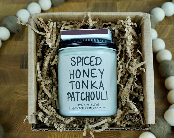 Spiced Honey Tonka Patchouli Soy Candle, 4oz, 8oz, 16oz, Gift Wrapped with Card
