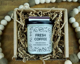 Fresh Coffee Soy Candle, 4oz, 8oz, 16oz, Gift Wrapped with Card