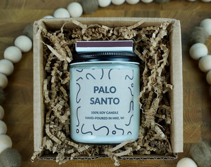 Palo Santo Soy Candle, 4oz, 8oz, 16oz, Gift Wrapped with Card