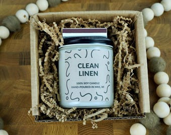 Clean Linen Soy Candle, 4oz, 8oz, 16oz, Gift Wrapped with Card