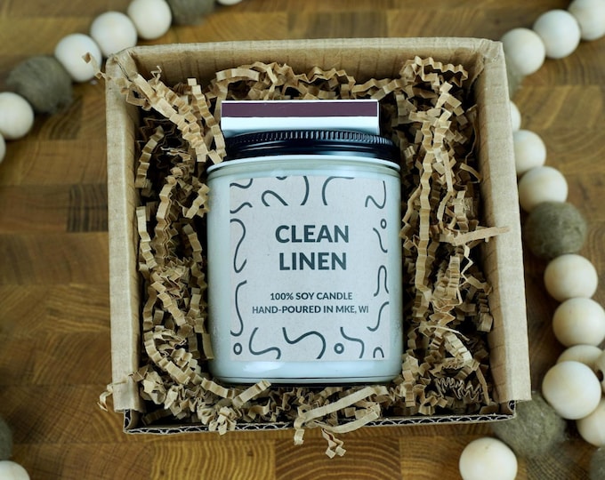 Clean Linen Soy Candle, 4oz, 8oz, 16oz, Gift Wrapped with Card