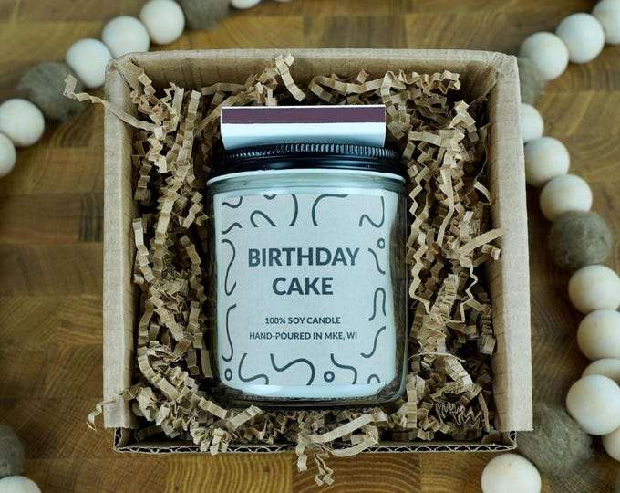 Birthday Cake Soy Candle, 4oz, 8oz, 16oz, Gift Wrapped with Card