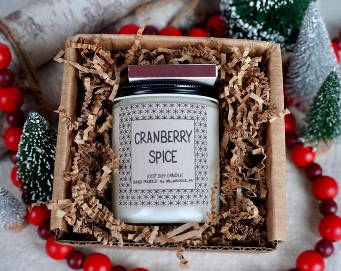 Cranberry Spice Soy Candle, 4oz, 8oz, 16oz, Gift Wrapped with Card