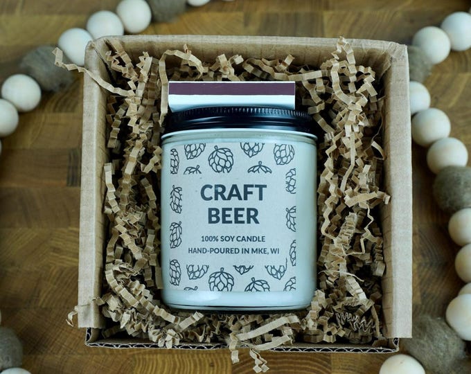 Craft Beer Soy Candle, 4oz, 8oz, 16oz, Gift Wrapped with Card