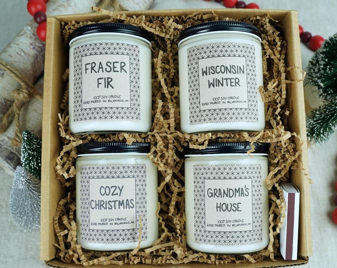 FOUR Holiday Candles Gift Box, Gift Wrapped with Card