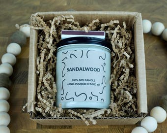 Sandalwood Soy Candle, 4oz, 8oz, 16oz, Gift Wrapped with Card