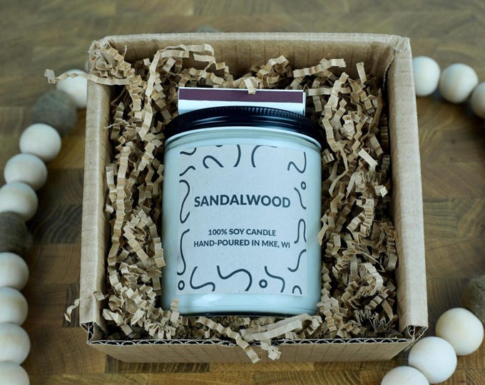 Sandalwood Soy Candle, 4oz, 8oz, 16oz, Gift Wrapped with Card