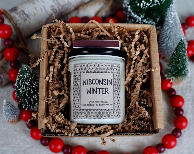 Wisconsin Winter Soy Candle, 4oz, 8oz, 16oz, Gift Wrapped with Card
