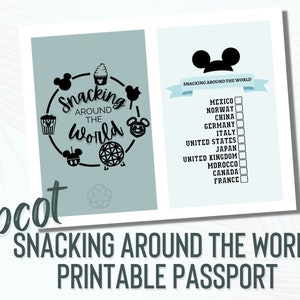 Página PDF imprimible del pasaporte Snacking Around the World, pasaporte de snacks de Epcot, impresión PDF del parque temático, pasaporte del festival World Showcase