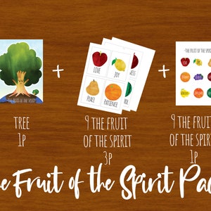 May include: A collection of illustrated cards and a tree graphic, featuring the text "The Fruit of the Spirit Pack." The cards display fruits and words like "Love," "Joy," and "Patience." The tree graphic has the text "Tree 1P."