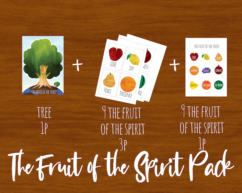 May include: A collection of illustrated cards and a tree graphic, featuring the text "The Fruit of the Spirit Pack." The cards display fruits and words like "Love," "Joy," and "Patience." The tree graphic has the text "Tree 1P."