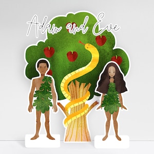 Pode incluir: Uma ilustração fantasiosa de Adão e Eva, com uma árvore com maçãs vermelhas, uma cobra amarela e o texto "Adam and Eve". As figuras são adornadas com folhas, em um fundo branco.