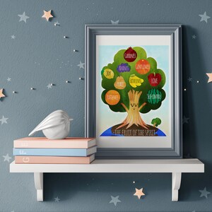 May include: A framed print of a tree with colorful fruit, each labeled with a virtue like "Joy" and "Love." The text "The Fruit of the Spirit" is at the bottom. The print sits on a white shelf with books and a bird figurine, against a blue wall with star decorations.
