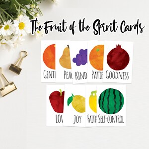May include: A set of eight cards with watercolor fruit illustrations and the words "The Fruit of the Spirit Cards." Each card features a different fruit and a corresponding word: Gentleness, Peace, Kindness, Patience, Goodness, Love, Joy, Faith, and Self-Control.