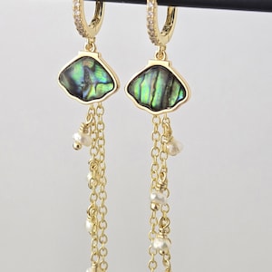 Abalone Shell & Freshwater Pearl Tassel Earrings – 14K Gold Plated hoops