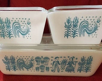 Once Used Vintage Pyrex Amish Butterprint Refrigerator Set 501 502 503 & Lids