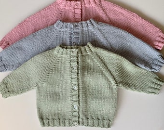 Hand knitted baby cardigan 0-3mths soft merino wool