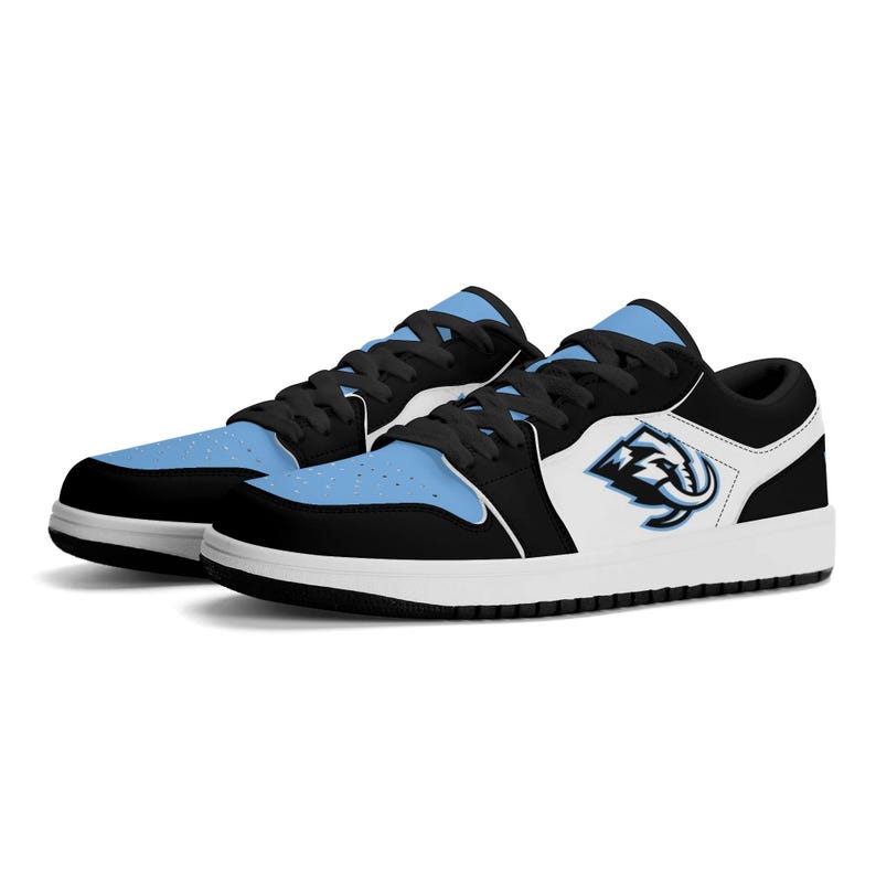 Peut inclure: Une paire de baskets basses aux couleurs bleu clair, noir et blanc. Les chaussures ont des lacets noirs, une semelle blanche et un logo sur le c&ocirc;t&eacute;. Le design est moderne et sportif.