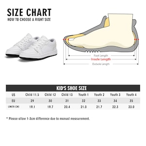 Peut inclure: Tableau des tailles de chaussures pour enfants avec des baskets blanches. Le tableau indique les tailles US, EU et la longueur en cm. Le texte indique "TABLEAU DES TAILLES" et "COMMENT CHOISIR LA BONNE TAILLE". Tailles de Child 11.5 &agrave; Youth 4.